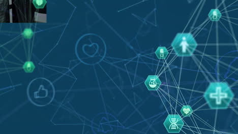 animation of network of connections with icons over blue background