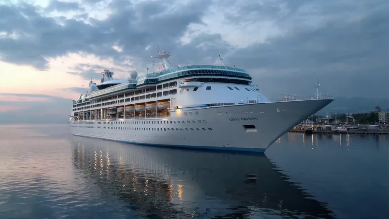 Majestætisk krydstogtskib lagt til kaj ved solopgang. Spejlbilledet genspejler det rolige vand og fremviser en fredfyldt maritim scene, der inviterer til eventyr på det åbne hav.