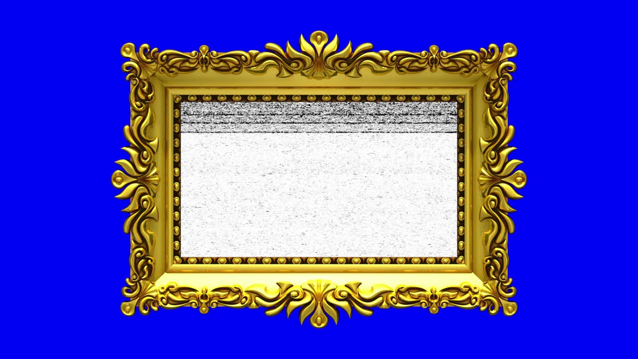 pantalla azul en el fondo. el ruido de la televisión y la tecla de croma verde se reproducen en la pantalla en un marco de imagen dorado adornado. intro animado en 3d.