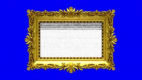 pantalla azul en el fondo. el ruido de la televisión y la tecla de croma verde se reproducen en la pantalla en un marco de imagen dorado adornado. intro animado en 3d.