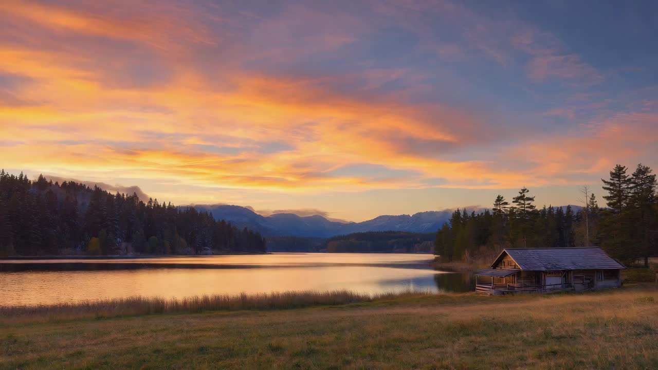 Cabin on a lake at sunset with mountains in the background