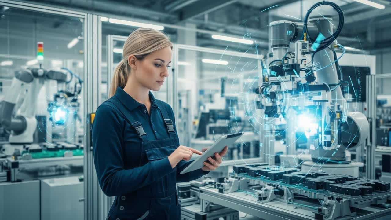 A Skilled Engineer Analyzes Data on a Tablet in a High-Tech Robotics Laboratory With Advanced Machinery and Automation Processes in Action