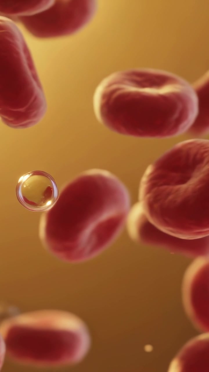 Vertical video: Flowing plasma pushing biconcave red cells and clear bubble in golden microfluid