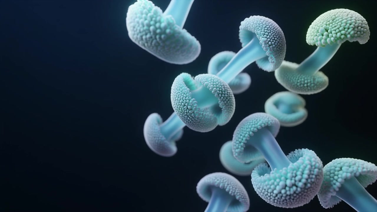 Vista microscopica di granuli di polline o cellule biologiche fluttuanti