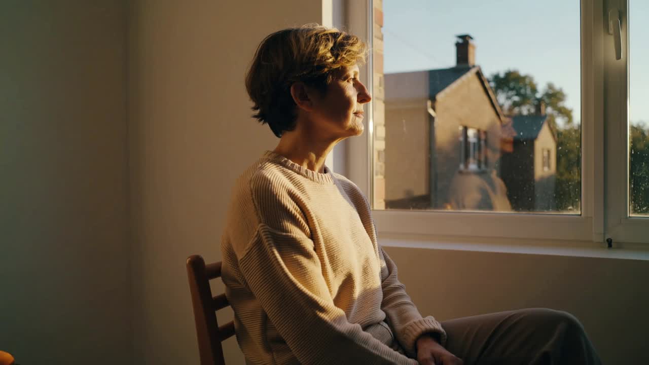 Eine sitzende Frau neigt den Kopf und blickt zu Hause in einem Strickpullover aus einem Schiebefenster, während sich das Sonnenlicht bewegt.
