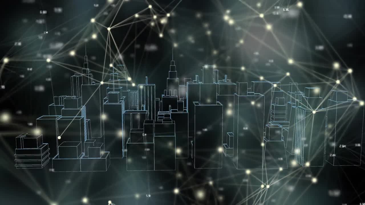 Animation of network of connections over 3d cityscape drawing