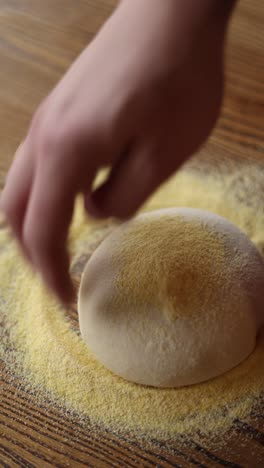 kneading dough on wooden table