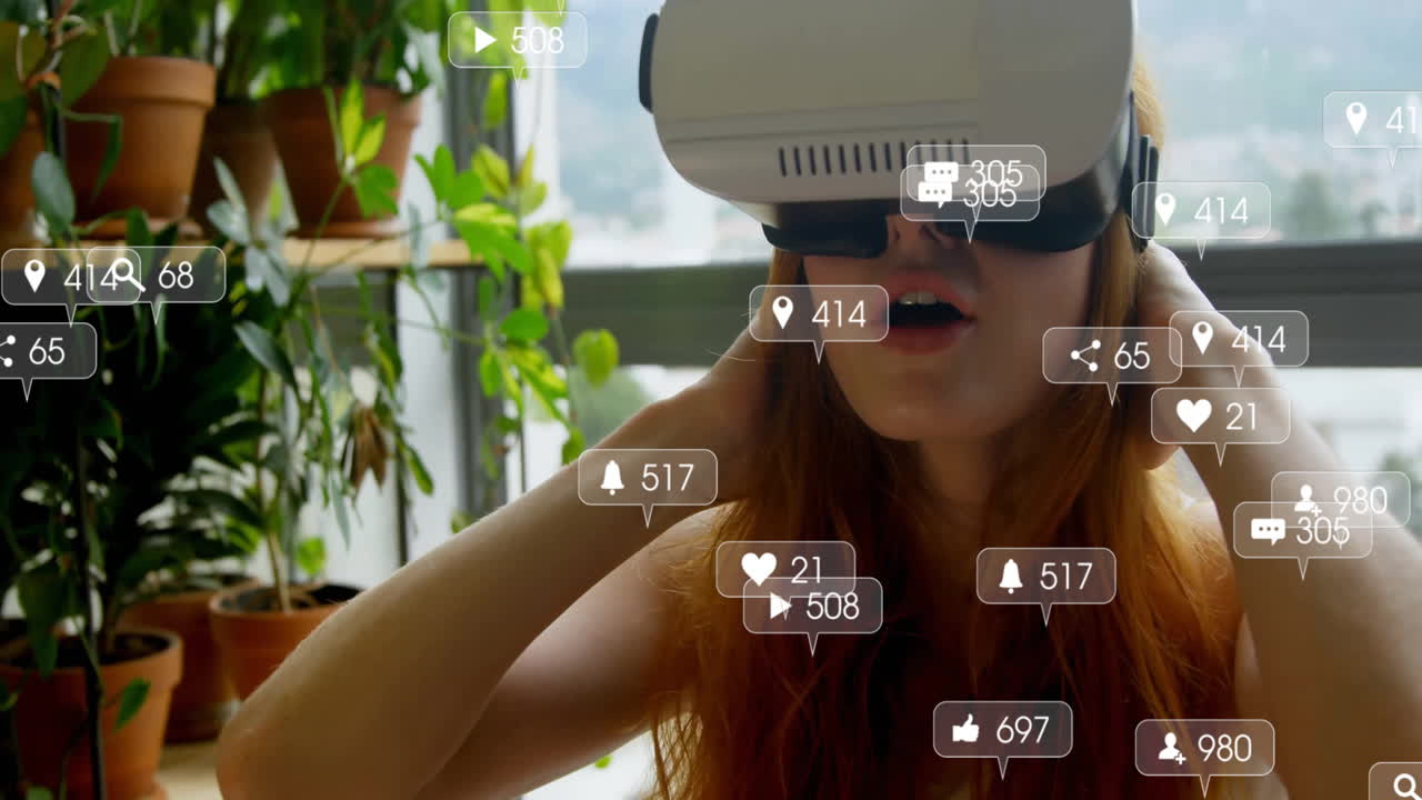 llevando auriculares vr, mujer rodeada de notificaciones de redes sociales animación