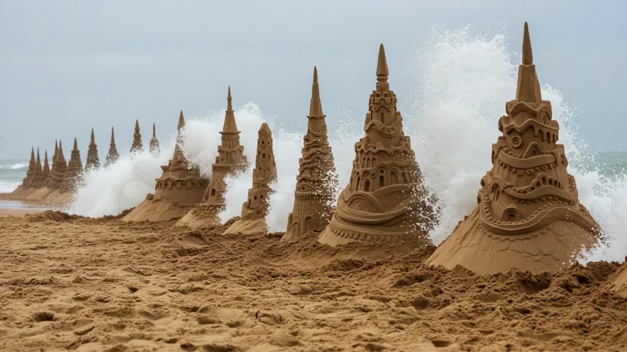 A Stunning Lineup of Intricately Designed Sandcastles Captured on a Beaches Shoreline, Showcasing Artistic Creativity Against a Dramatic Coastal Backdrop