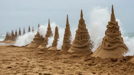 a stunning lineup of intricately designed sandcastles captured on a beaches shoreline, showcasing artistic creativity against a dramatic coastal backdrop