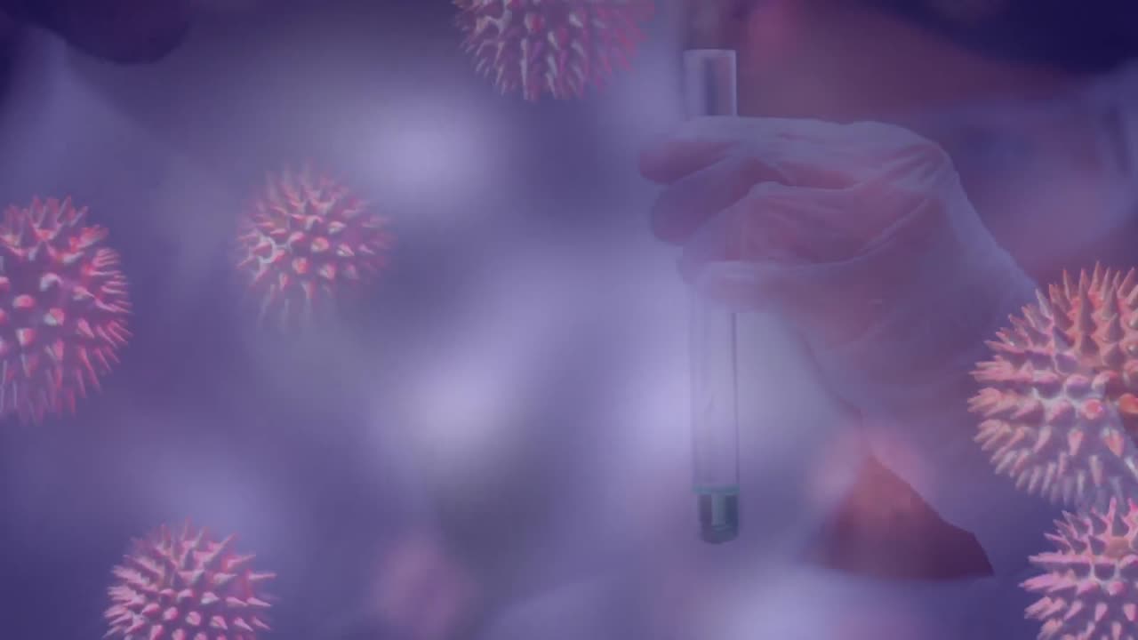 Animation of 3d covid 19 cells floating over scientist holding test tube with liquid