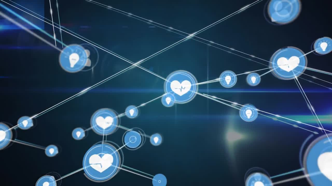 추상적인 배경의 선과 연결되는 빛의 블럽과 심장 박동 아이콘의 애니메이션