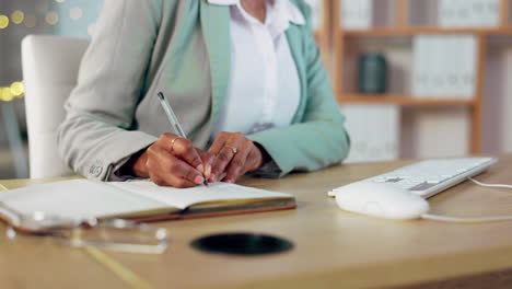 woman, hands and writing schedule in notebook