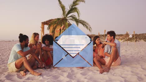 Animation-of-email-envelope-digital-icon-over-friends-having-party-on-beach