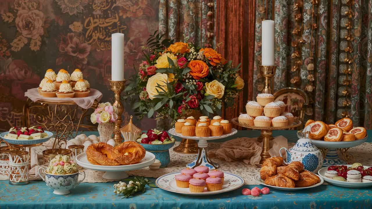 Starting pan, camera revealing dessert spread in parlor, showing bouquet teapot pastries for tea