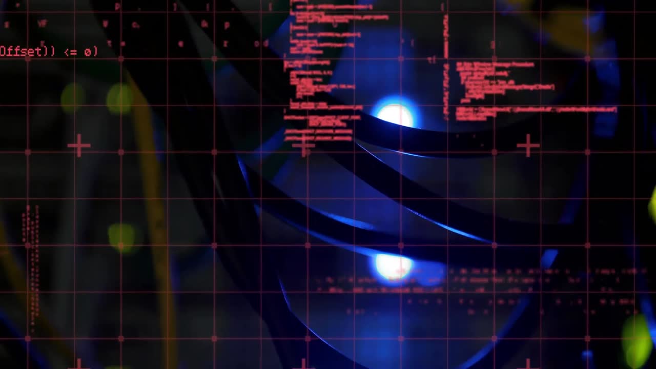 Animation of data processing over close up of computer server