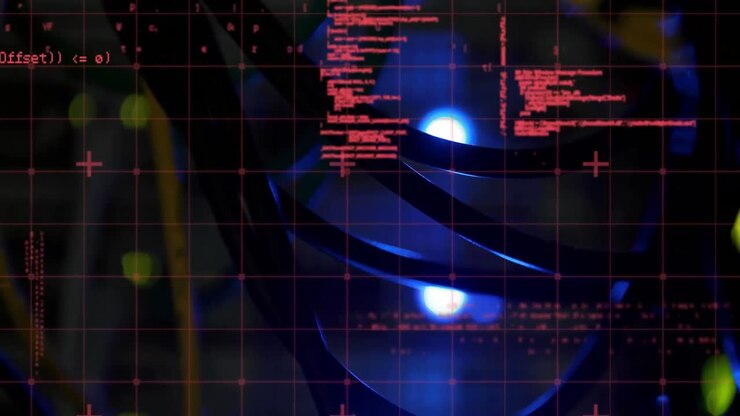 Animation of data processing over close up of computer server