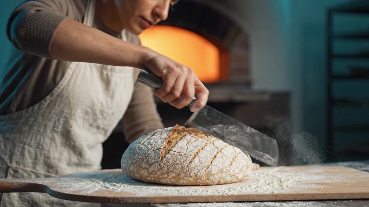 Artisan Bread Baking: Captivating Scene of Bread Being Carefully Crafted on a Wooden Board with a Warm Oven in the Background Enhancing the Process