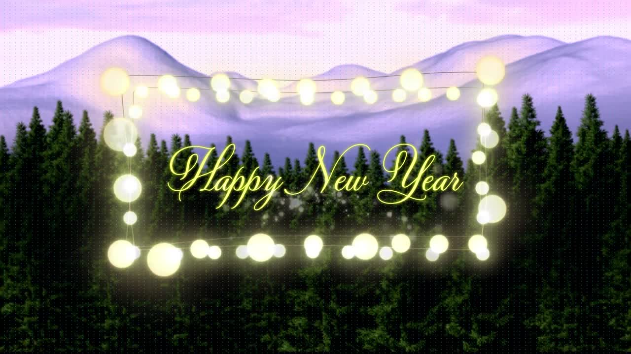 Animation of happy new year text in fairy lights frame over fir trees and winter scenery