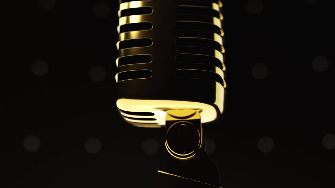 Golden Vintage Microphone Rotating on Dark Background