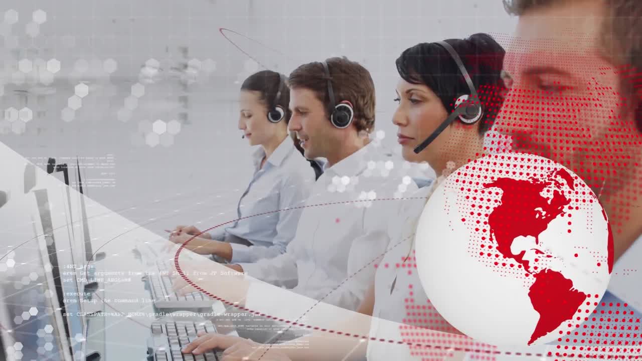 헤드 ⁇ 을 착용 한 사업가 들 위 에 있는 지구와 세계 지도 의 애니메이션