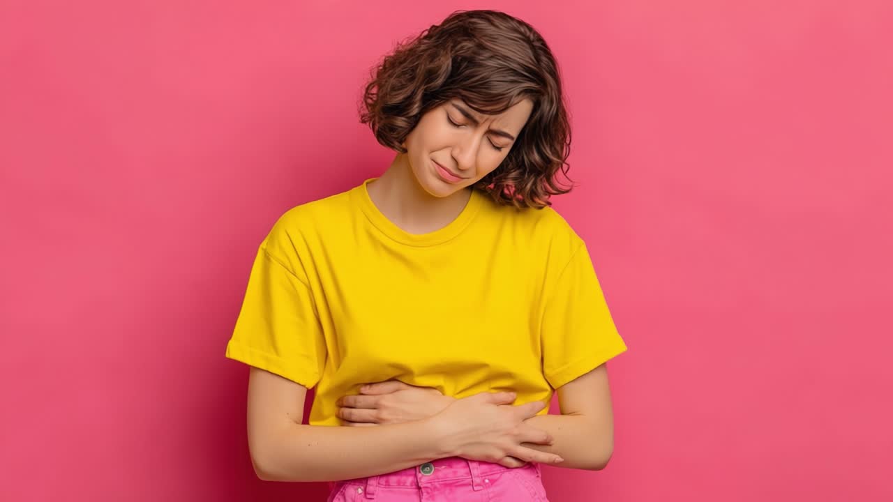 Una giovane donna in maglietta gialla prova disagio, mostrata in due riquadri con uno sfondo rosa, illustrando la sua espressione e reazione corporea a un problema non visibile.
