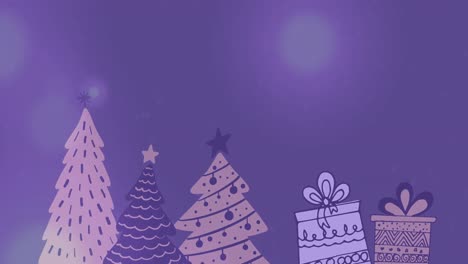 Animation-of-lights-spots-over-christmas-tree-and-gifts-pattern