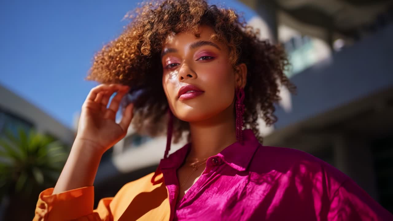 Stunning Portrait of a Young Woman with Curly Hair and Vibrant Makeup Posing Confidently Under Bright Blue Skies and Modern Architectural Background