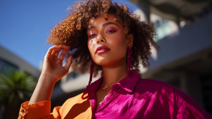 Stunning Portrait of a Young Woman with Curly Hair and Vibrant Makeup Posing Confidently Under Bright Blue Skies and Modern Architectural Background
