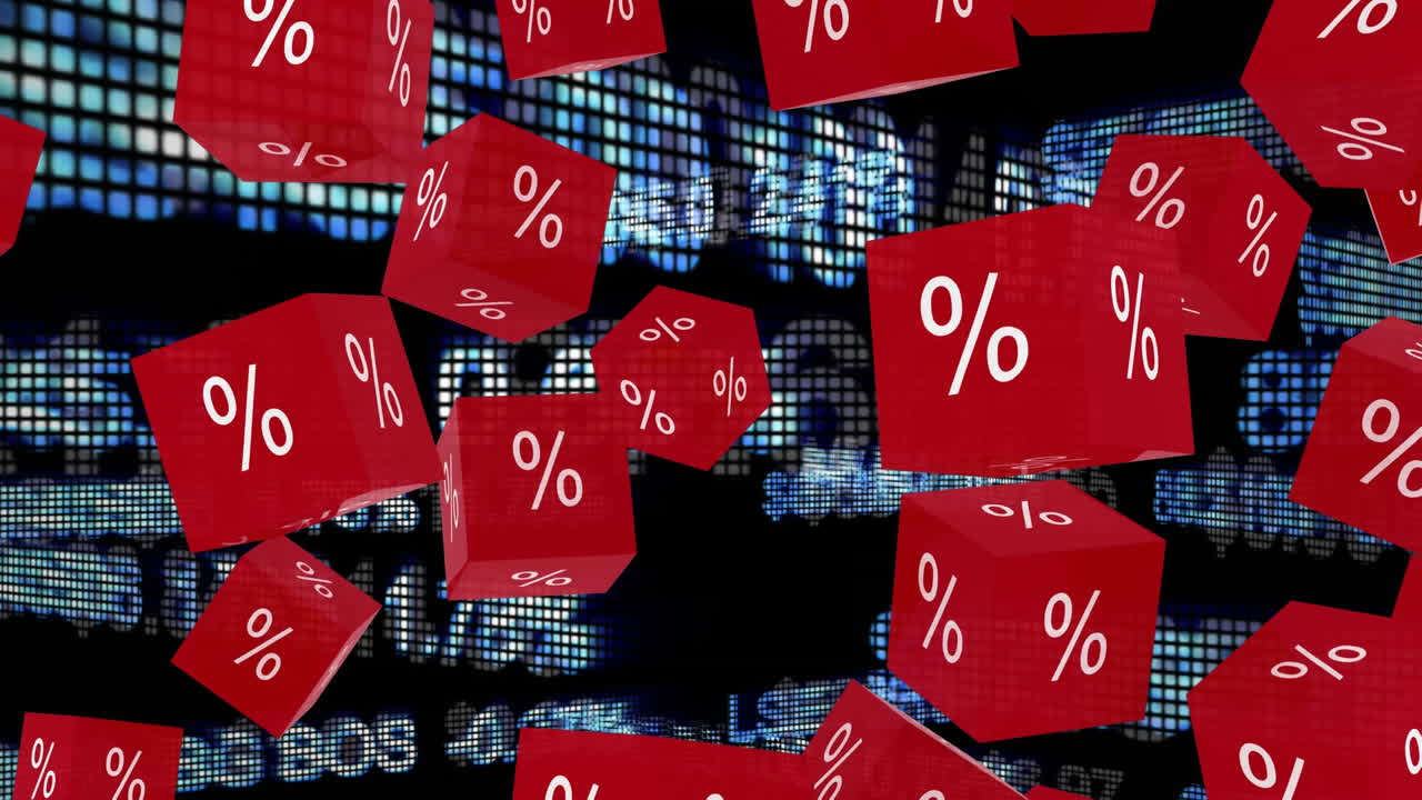 그래프와 통계 위에 퍼센트 기호를 가진 빨간 큐브의 애니메이션