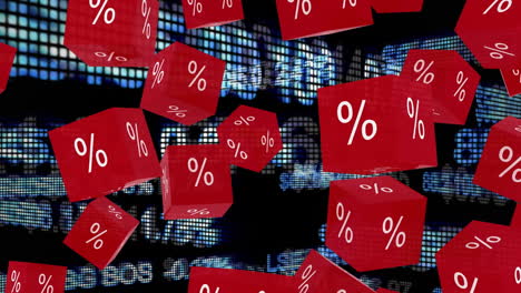 animación de cubos rojos con signo de porcentaje sobre gráficos y estadísticas