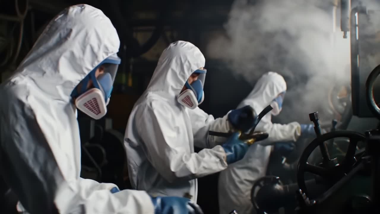 Workers in Protective Gear Engaged in Industrial Maintenance Tasks in a Steam-Filled Environment, Demonstrating Safety Protocols and Team Collaboration