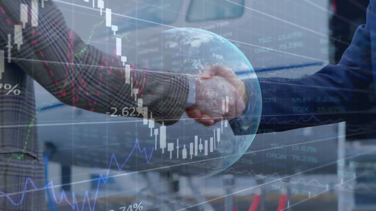 비즈니스맨의 손짓을 통해 지구와 금융 데이터 처리의 애니메이션