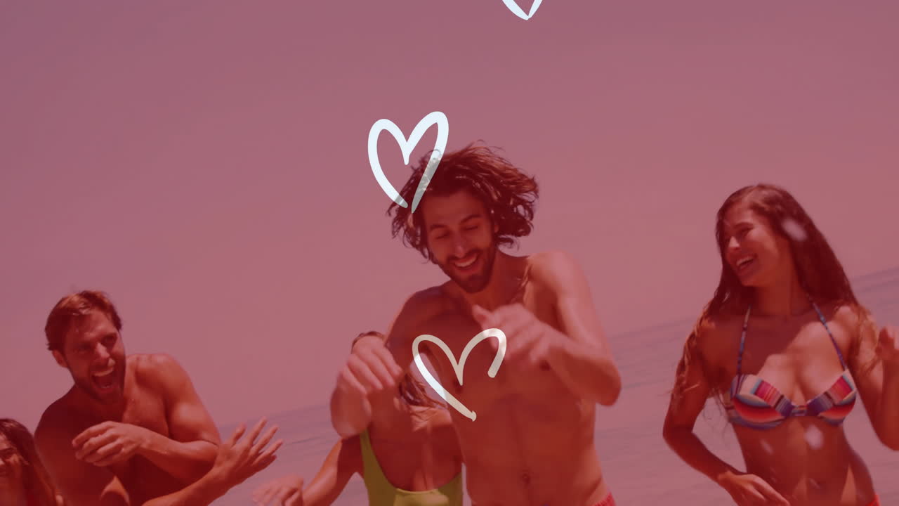심장 모양의 애니메이션으로 해변에서 춤추고 웃는 친구들