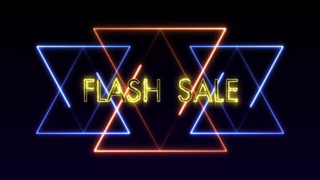 animación del texto de venta flash en letras amarillas brillantes sobre triángulos de neón