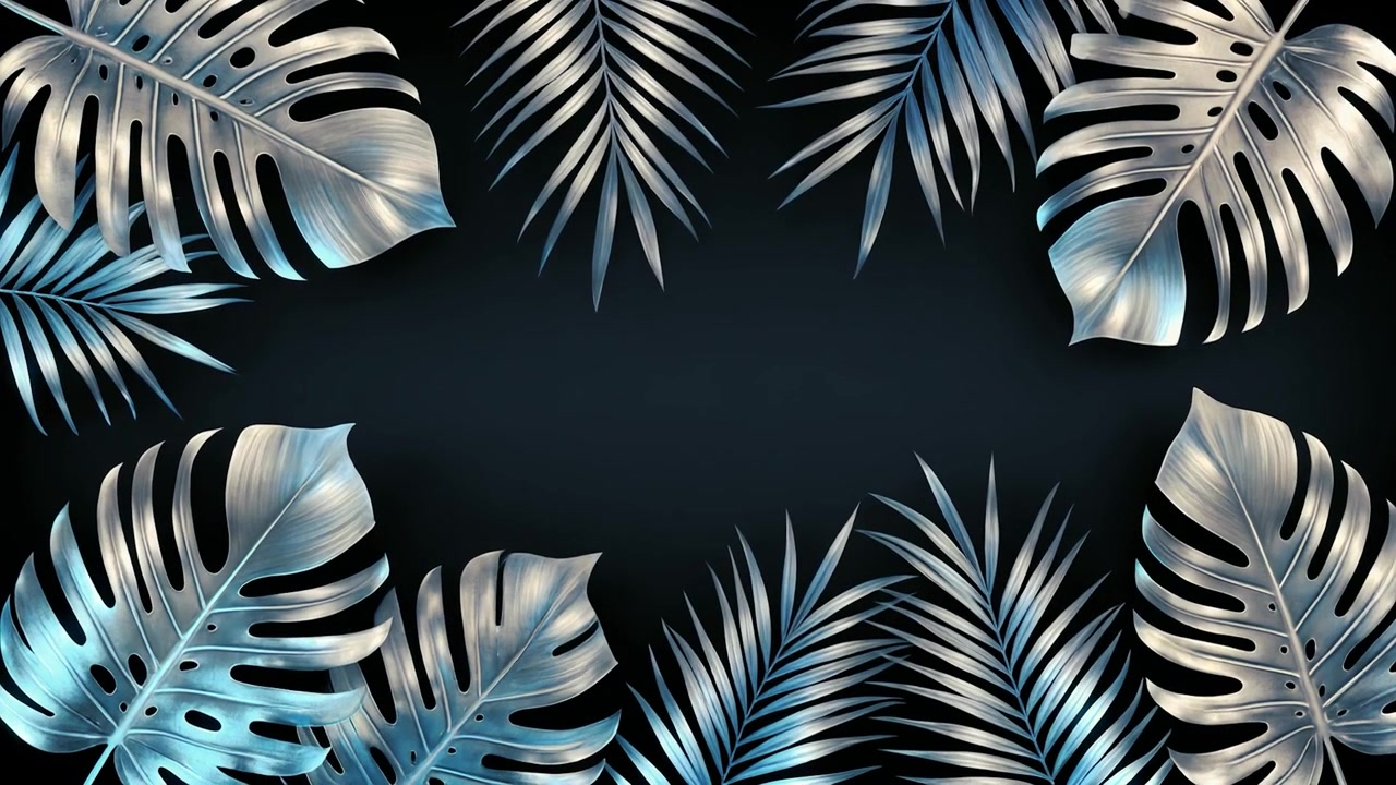 Animated Metallic Silver Tropical Leaves on Dark Background