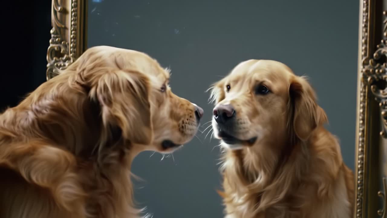 A Golden Retriever Engages with Its Reflection in a Vintage Mirror, Capturing a Moment of Curiosity and Connection