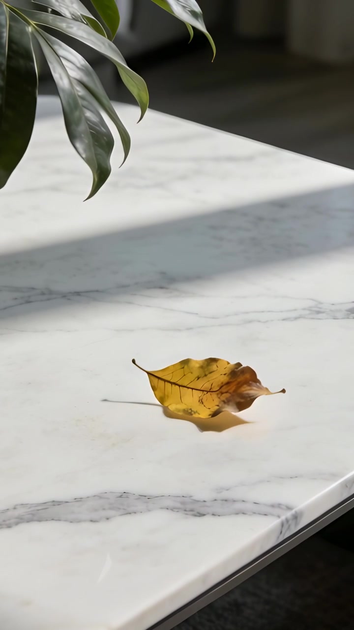 Lodret video: Vuggende gult blad, der lægger sig på marmor fra træk fra vinduet, plante kaster solskygge.