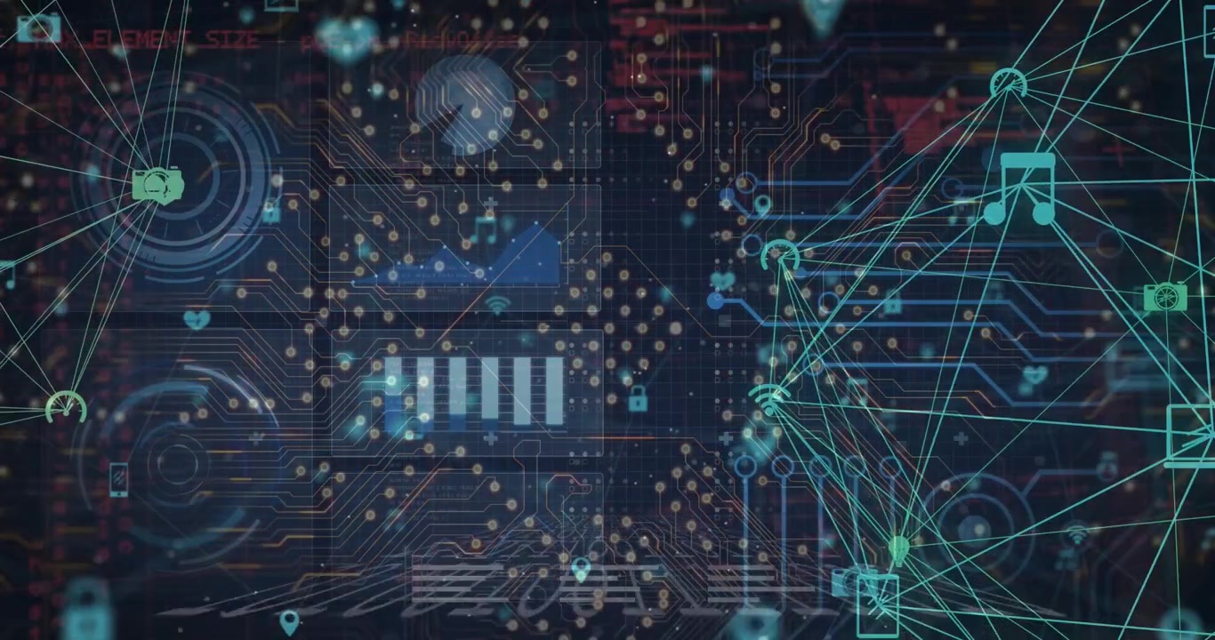 Animation of application icons connected with lines over infographic interface in background