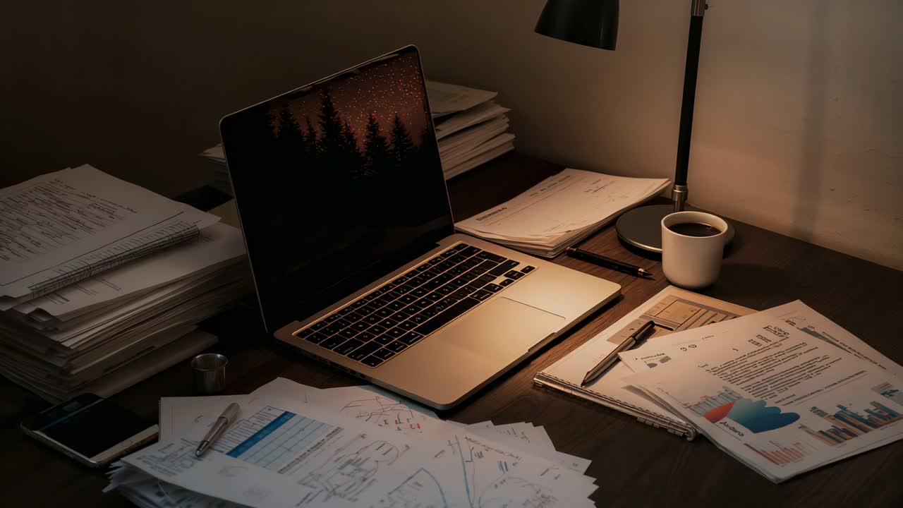 Shifting camera recording laptop at desk, showing stacked papers, lamp light, documenting workspace