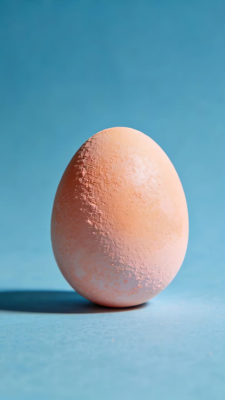 Vertical video: Single egg rotating from camera shift on blue set showing shell texture for design