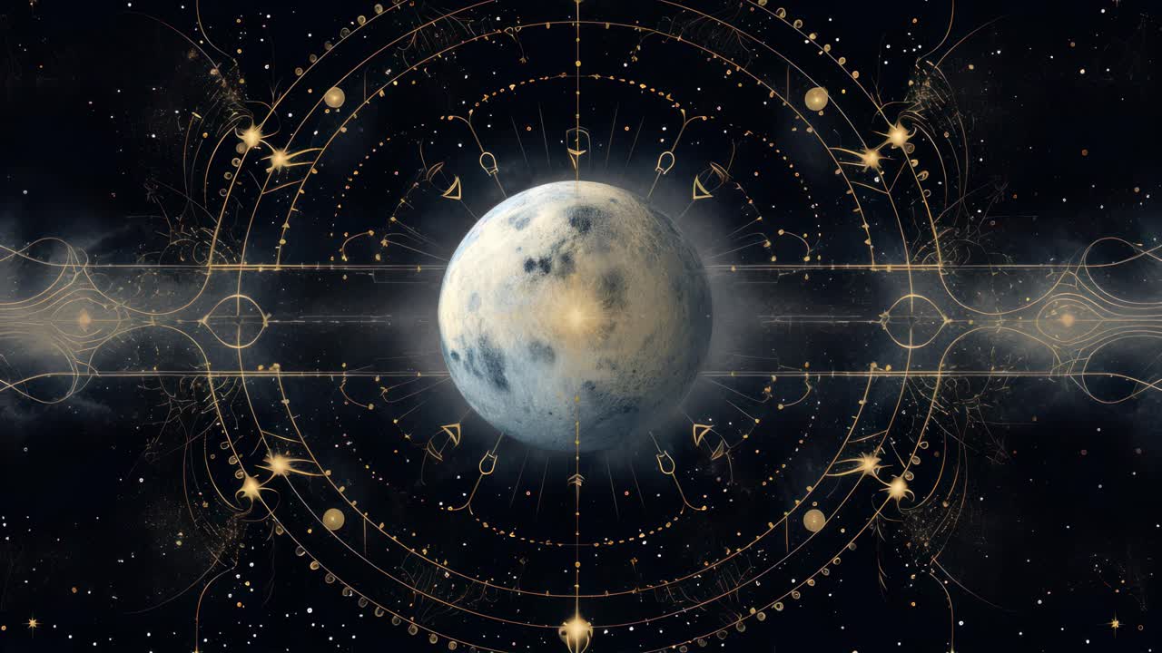 A cosmic video concept featuring a planet surrounded by mystical symbols