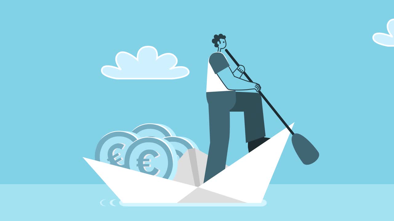 유로 동전으로 가득 찬 종이 배에서 항해하는 만화 남자 평평한 디자인 알파 채널과 함께 2d 캐릭터 루프 애니메이션