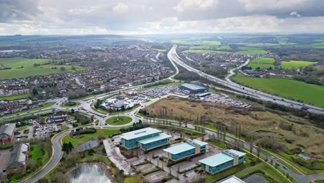 aerial drone cinematic video footage of the m1 motorway near the city of wakefield, west yorkshire, uk