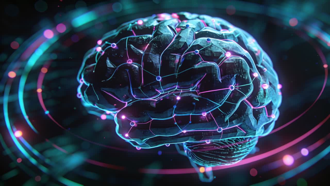 Neon tech brain getting data, rotating, pulsing magenta nodes, showing neural signals for designers