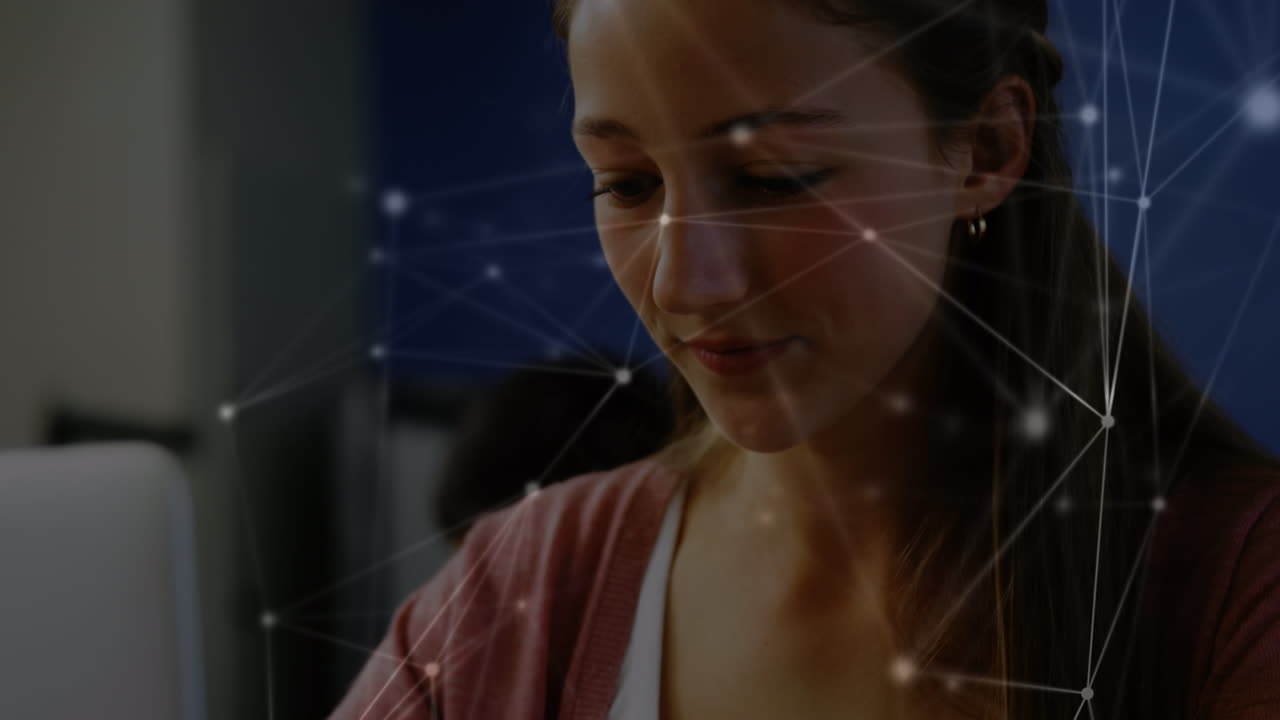 animación de la red de conexiones sobre la niña de escuela caucásica en el aula