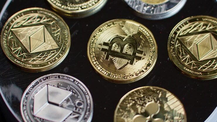 Token di criptovaluta che ruotano in senso antiorario, simboleggiando Bitcoin al centro, poi Neo, Ripple, Ethereum, Litecoin, Tether