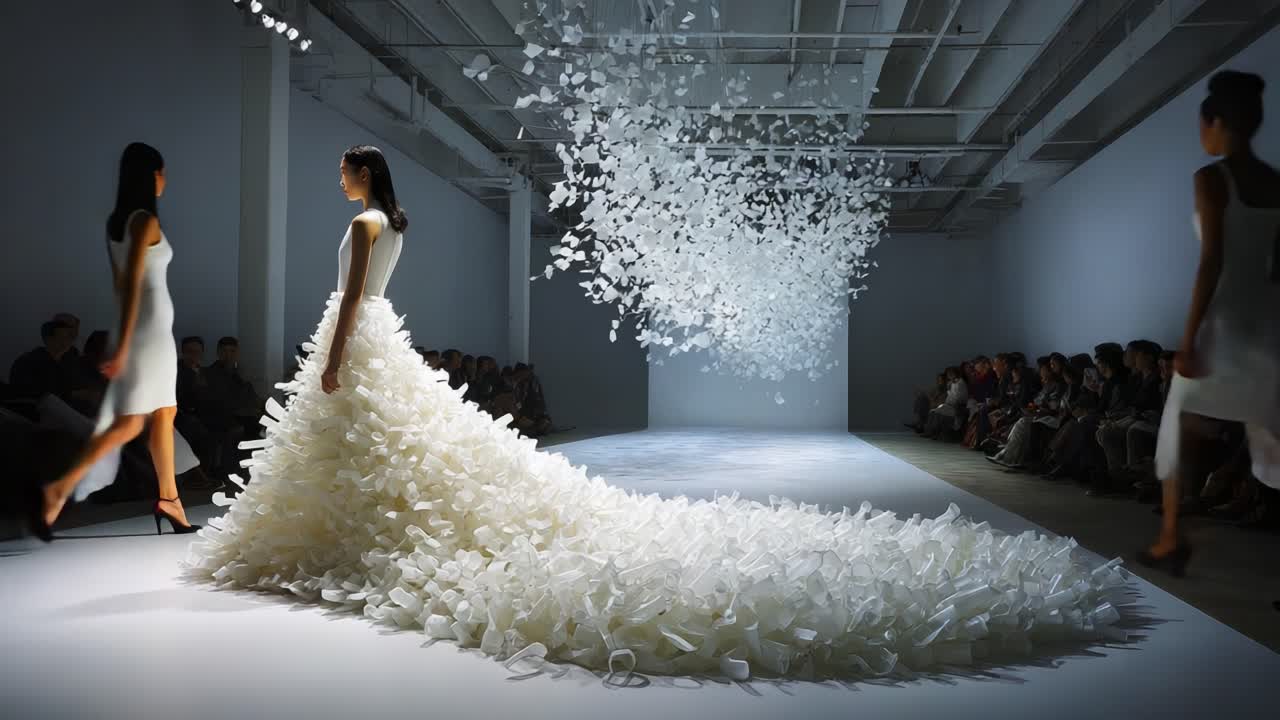 A Stunning Fashion Showcase: Models Gracefully Walk the Runway in Exquisite Couture Dresses Adorned with Wilting Petals, Captivating Audiences with Breathtaking Style and Elegance