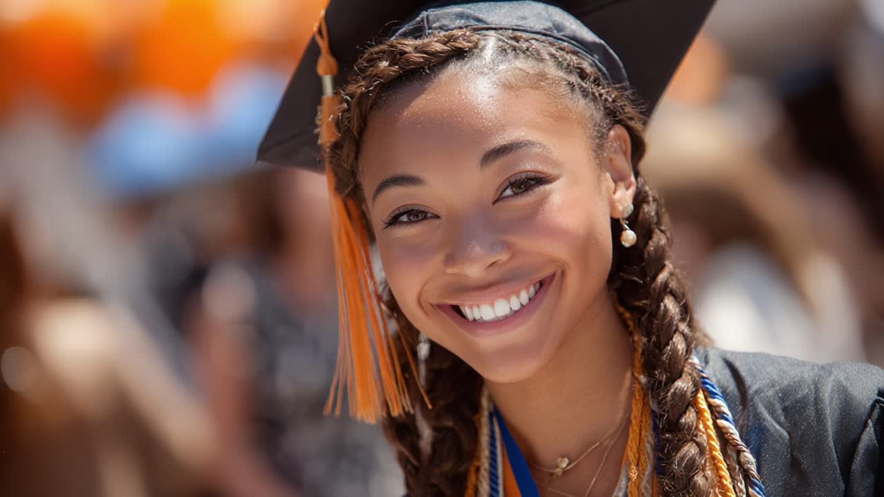Un giovane laureato che celebra il successo con un sorriso gioioso durante la cerimonia di laurea, catturando l'essenza della celebrazione e del successo accademico