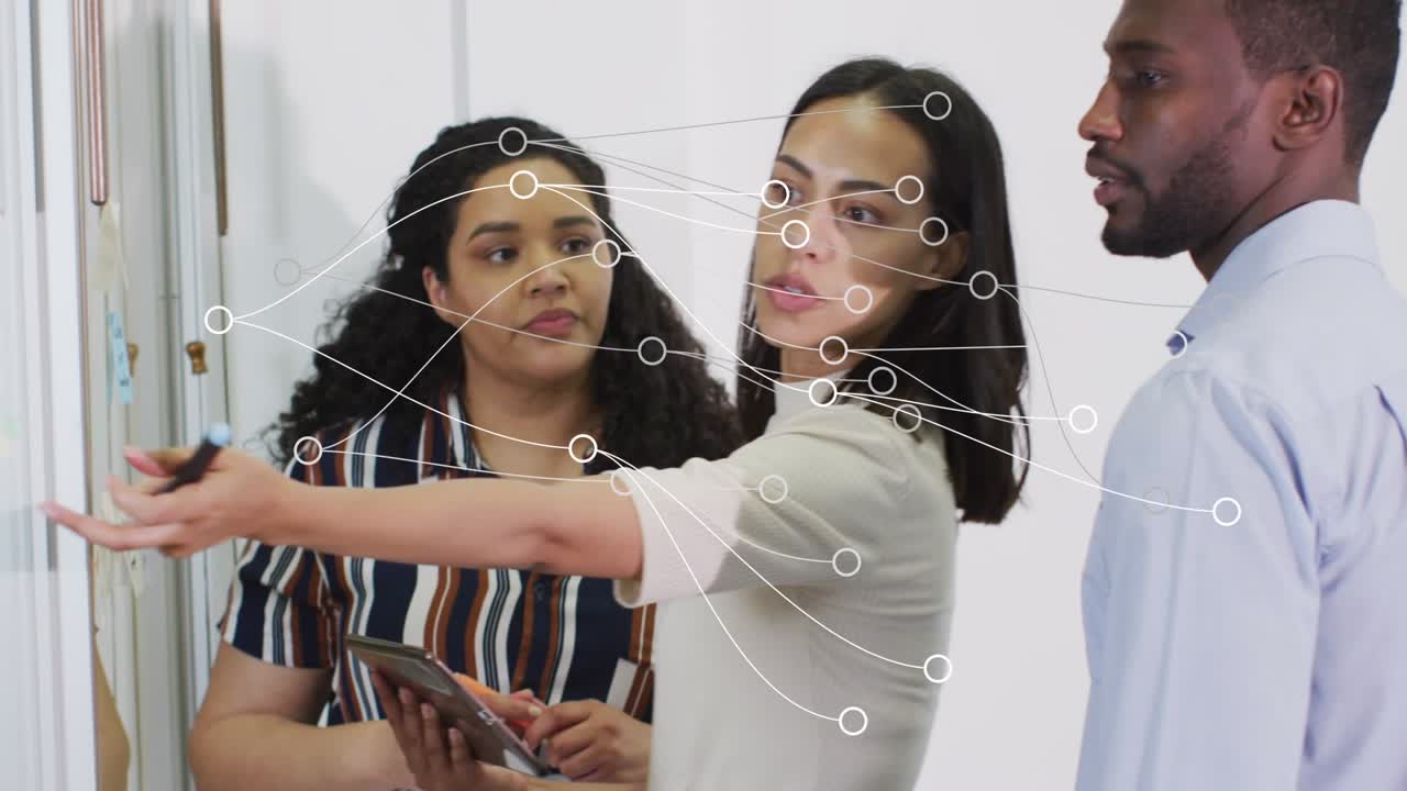 Animation of connections over diverse female and male coworkers working in office